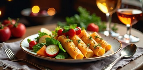 Colorful Seder plate with festive foods and wine glasses, Food, Tablecloth