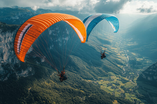 two paragliders soaring over scenic mountain valleys with vibrant parachutes