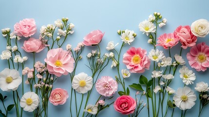 Obraz premium Pink and white flowers arranged on blue background, floral design, spring, greeting card