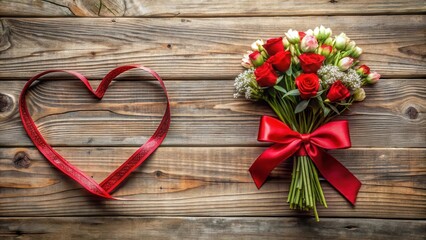 Fototapeta premium A heart-shaped red bow tied around a bouquet of flowers on a wooden table in a rustic style home decor setting, Valentine's Day decorations, red accents