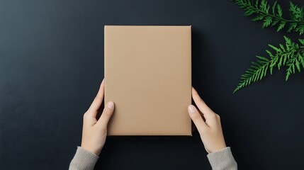 Person Opening a Brown Box on a Dark Background Featuring a Green Leaf, Perfect for Unboxing Content and Product Reviews by Creators in a Studio Environment