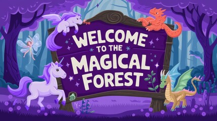 Welcome to the Magical Forest Sign with Unicorns and Dragons