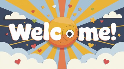 Fototapeta premium A cheerful welcome graphic features a smiling sun and hearts