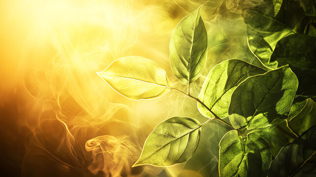 A glowing visualization of sunlight energizing moisture release from leaves, dynamic water vapor pathways and radiant green and golden hues