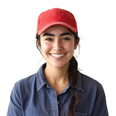  A smiling young woman wearing baseball cap isolated on transparent background