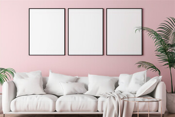 Living room interior with couch and blank photo frame on the wall, version 107