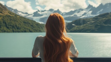 Redhead Woman Contemplating Mountain Lake View