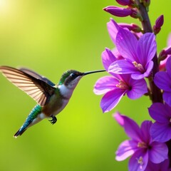 Fototapeta premium Delicate hummingbird hovering near vibrant purple flowers, its iridescent feathers glimmering in sunlight, closeup, insect