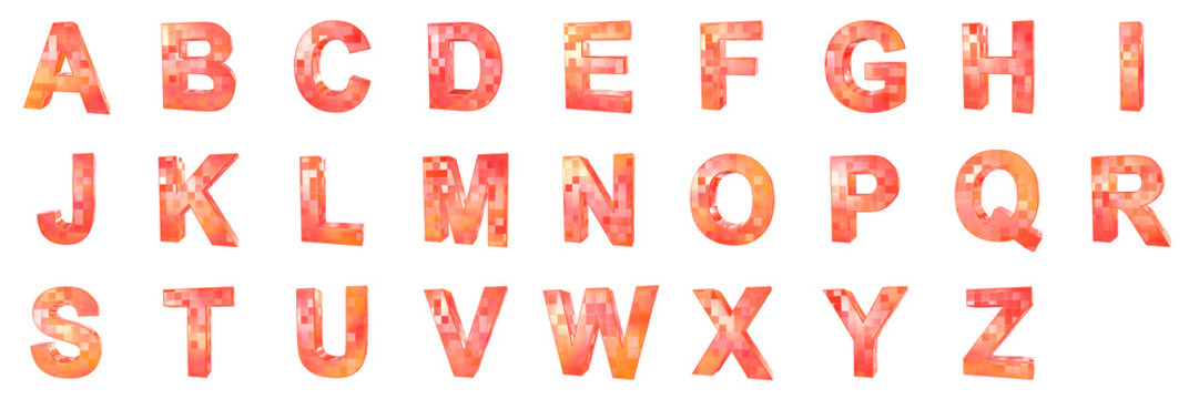 Set of 3d alphabet shapes with orange metal and mosaic tiles texture effects isolated on a transparent background. Upper case. 3d education elements for graphic design.