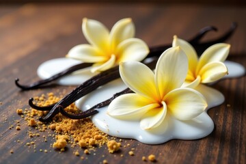 Fototapeta premium Delicate vanilla flower pods scattered on a wooden table, with milk splashing around them and spices sprinkled nearby , food styling, fragrance