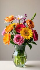 Obraz premium Diverse bouquet of bright flowers in a crystal glass container, set against a neutral background , blooms, vibrant
