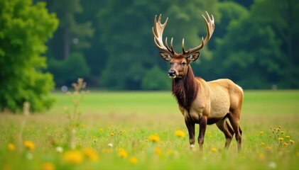 Elk majestically stands in a green field with wildflowers and trees in the background, showcasing its large antlers and brown coat, wilderness, outdoors