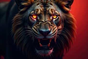 Fierce lion's visage with sharp teeth and glowing eyes, predator, animal