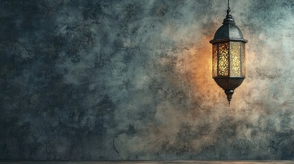 Illuminated lantern hanging against textured wall; Ramadan, celebration, faith