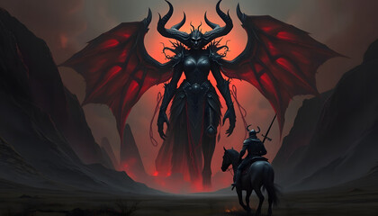 "A striking dark fantasy illustration depicting a towering, demonic female eldritch god standing ominously in a shadowy valley. Her immense, otherworldly form emanates power and terror, "