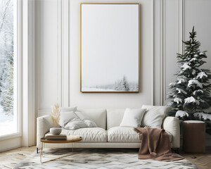 Living room interior with couch and blank photo frame on the wall, version 97