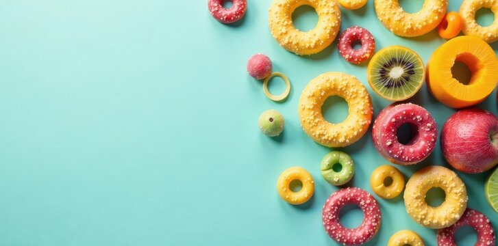 Fruit-shaped cereal rings scattered on a bright background, colorful, background