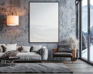 Living room interior with couch and blank photo frame on the wall, version 96