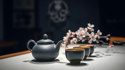 Fototapeta premium a tea ceremony with cast iron teapot, cups, green tea, and cherry blossoms around
