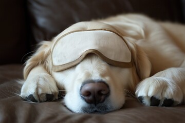 Obraz premium Cute Golden Retriever lying on the bed with a sleeping mask