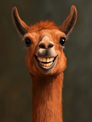 Obraz premium A cheerful llama with a big smile, showcasing its playful and friendly nature against a muted background.