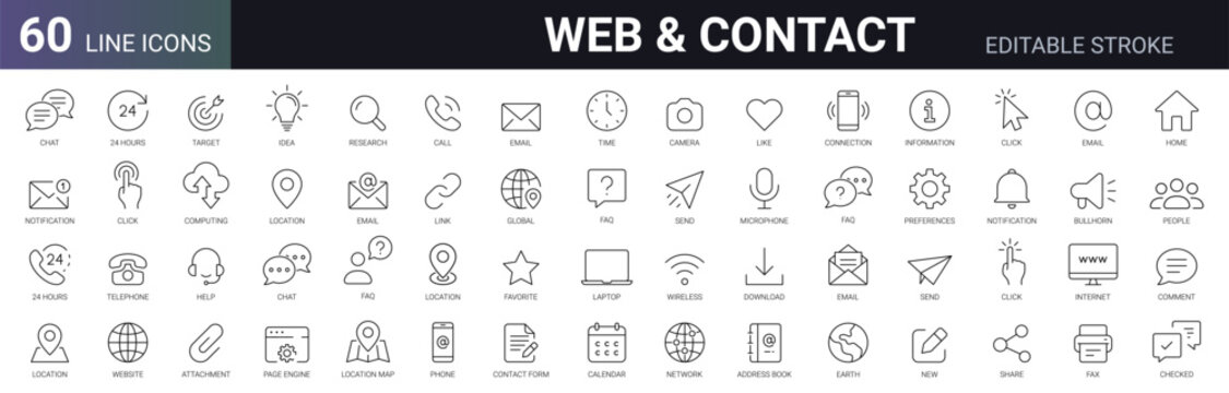 Contact icon set. contact us web thin line icons. home, call, email, address, location, globe, support, telephone, website, icon. Communication contact information icon. Vector editable stroke icon
