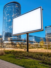 Obraz premium Empty Billboard Display Near Modern Office Buildings at Dusk