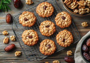 Freshly Baked Oatmeal Cookies with Walnuts and Dates on a Rustic Wooden Table Surrounded by Nuts and Dates in an Inviting Home Kitchen Setting