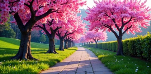 Naklejka premium Weeping cherry blossom trees lined up along a tranquil stone path, soft colors , stone path