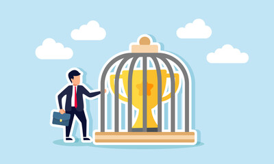 A businessman stands next to a drum containing a trophy, illustration of maintaining business quality to remain a leading company