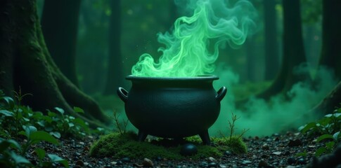 Witch's cauldron filled with swirling black smoke and eerie green glow, supernatural, cauldrons