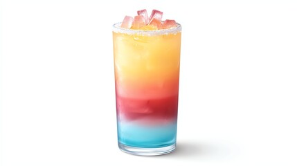 A vibrant, layered drink featuring colors of orange, red, and blue, served over ice in a tall glass, perfect for summer refreshment.