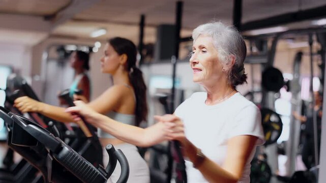 Slender athletic mature woman during cardio exercises on elliptical simulator in fitness center. Sports to max. Electronic tracking for most productive workout