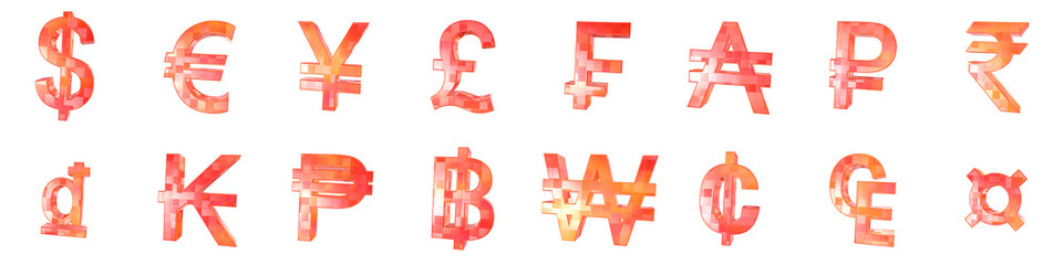 Obraz premium Set of 3d currency symbol shapes with orange metal and mosaic tiles texture effects isolated on a transparent background. Dollar, euro, pound, ruble, cent. 3d financial elements for graphic design.