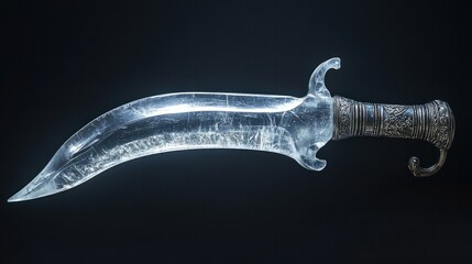 Obraz premium Translucent crystal keris dagger with elegant 7 curved blades, edges glowing in icy silver light against a dark background.