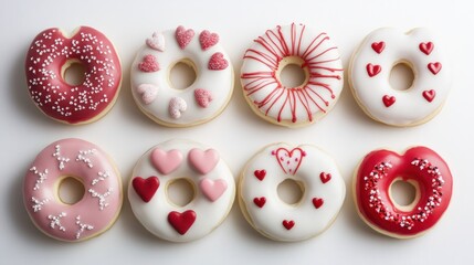 Fototapeta premium A set of decorated Valentine donuts with colorful icing and heart patterns, arranged elegantly on white
