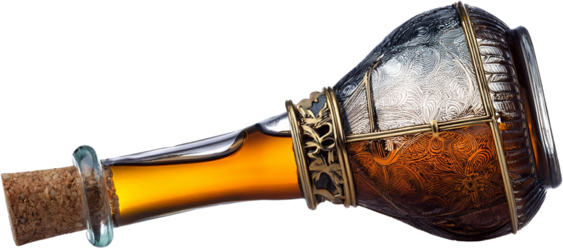 Ornate Glass Bottle with Amber Liquid Cork Detailed Design Vintage Style
