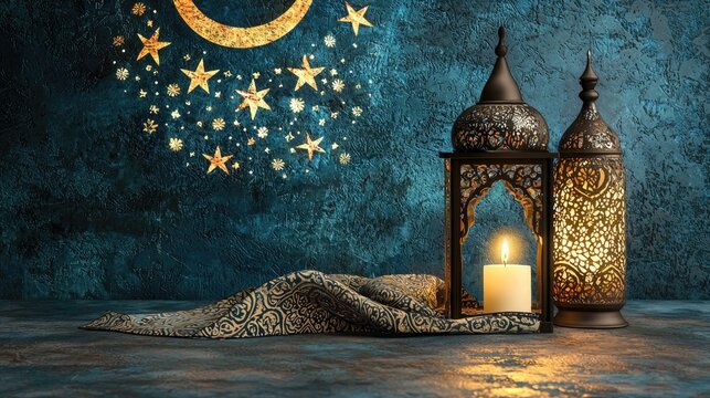 Festive lanterns, moon, stars, fabric; Ramadan greeting card