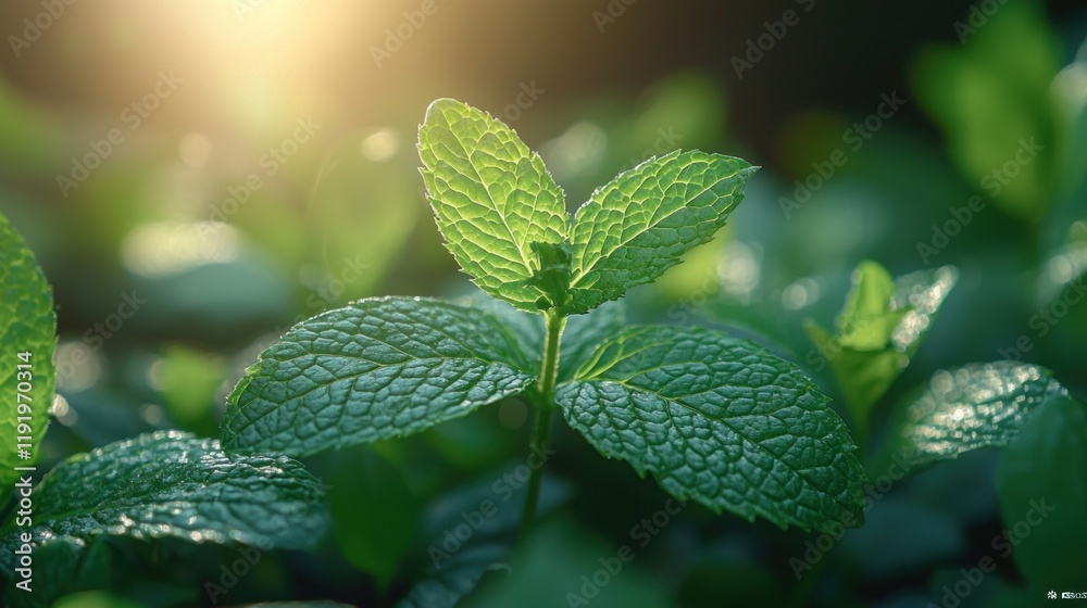 Poster Mint leaves in bright sunlight.