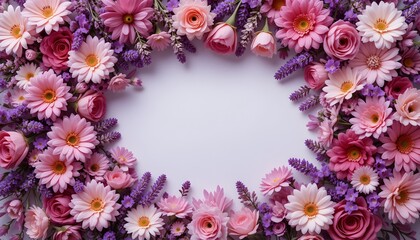 Fototapeta premium Pink roses and gerbera daisies with lavender sprigs frame a light backdrop creating an elegant floral border