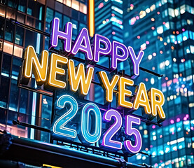 Happy New Year 2025 neon lettering.