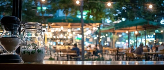Cozy Cafe Night  Blurred Outdoor Restaurant Background  Glass Jars