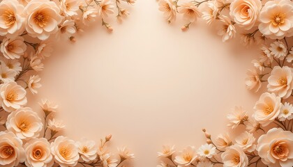Elegant peach floral frame background with soft cream center ideal for wedding invitations or greeting cards