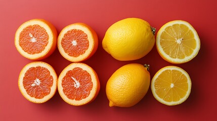 Citrus fruits, halves and whole, red background, healthy food, recipe inspiration