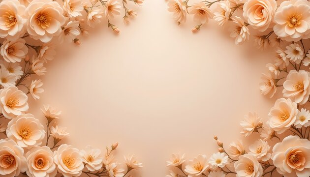 Elegant peach floral frame background with soft cream center ideal for wedding invitations or greeting cards