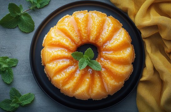 Luscious Citrus Bundt Cake Decorated with Fresh Mint Leaves on a Dark Plate Surrounded by Vibrant Yellow Fabric and Green Herbs for a Refreshing Dessert Experience