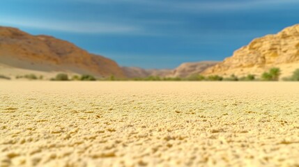 Golden desert landscape stretches endlessly under a vibrant blue sky. AI Generated
