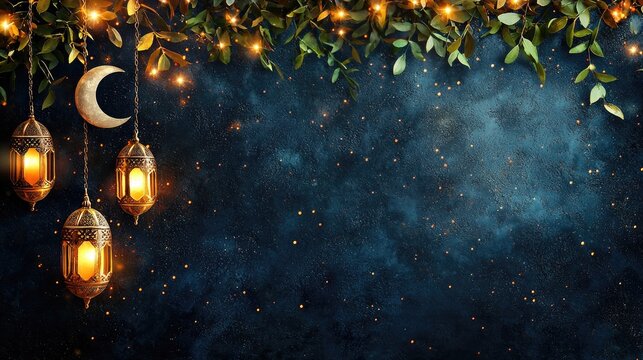 Festive Ramadan lanterns, crescent moon, night sky background; ideal for greeting cards