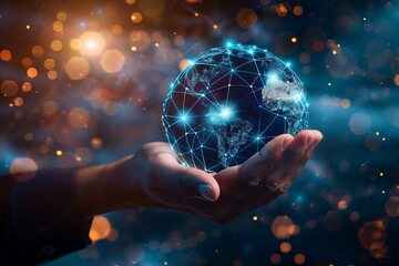 Businessman on blurred background holding global network connection sphere