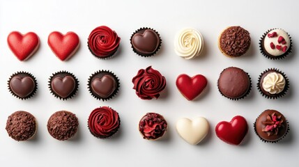 Obraz premium Valentine food icons showcasing chocolate roses, heart macaroons, and festive cupcakes, arranged beautifully on white